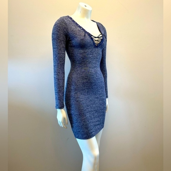 POOF! sexy form fitting long sleeve flattering dress. Heather blue. Lace up top - Picture 2 of 11